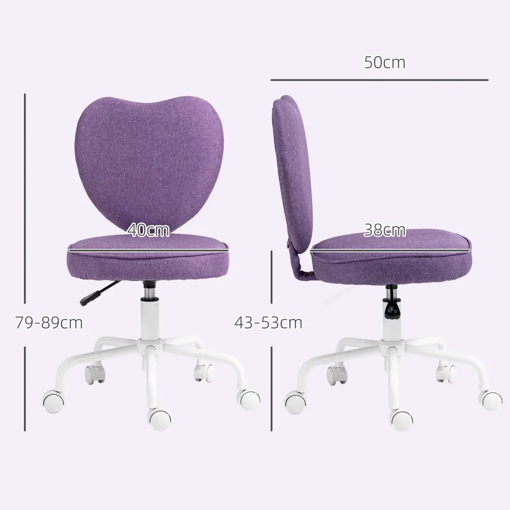 EasyComfort Sedia per Scrivania Cuore con 5 Rotelle e Altezza Regolabile Tessuto, 40x50x79-89cm, Viola