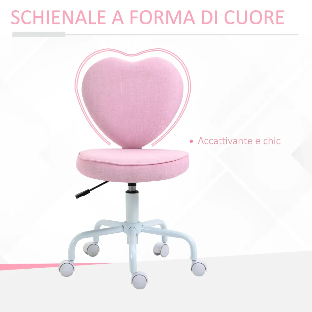 Easycomfort Sedia per Scrivania Forma di Cuore con 5 Rotelle e Altezza Regolabile Tessuto Rosa, 40x50x79-89cm