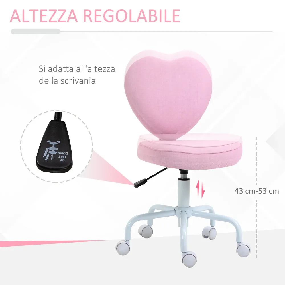 Easycomfort Sedia per Scrivania Forma di Cuore con 5 Rotelle e Altezza Regolabile Tessuto Rosa, 40x50x79-89cm