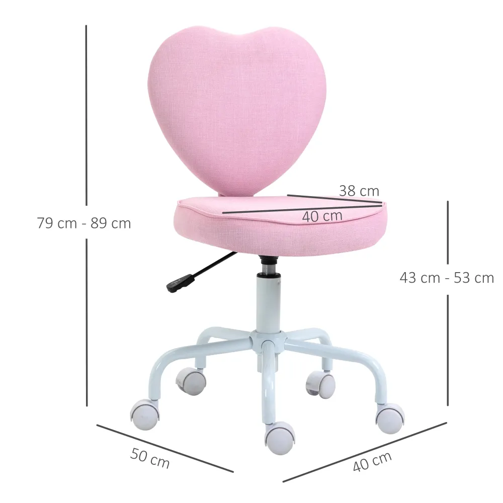 Easycomfort Sedia per Scrivania Forma di Cuore con 5 Rotelle e Altezza Regolabile Tessuto Rosa, 40x50x79-89cm