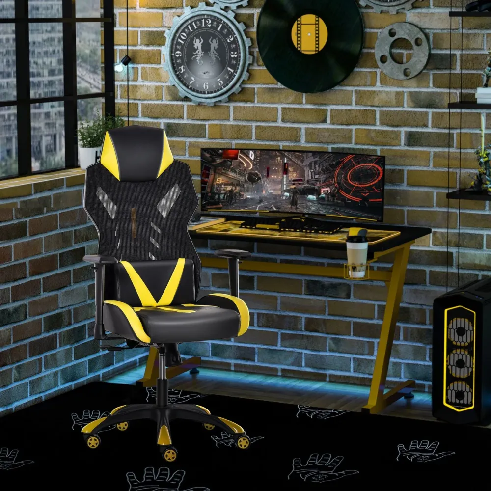 EASYCOMFORT Sedia Poltrona Gaming Ergonomica e Girevole con Altezza Regolabile, Similpelle e Rete, Nero Giallo