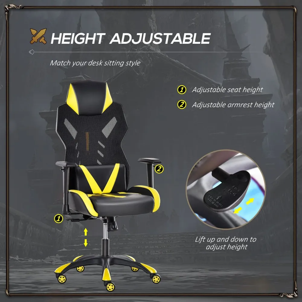 EASYCOMFORT Sedia Poltrona Gaming Ergonomica e Girevole con Altezza Regolabile, Similpelle e Rete, Nero Giallo