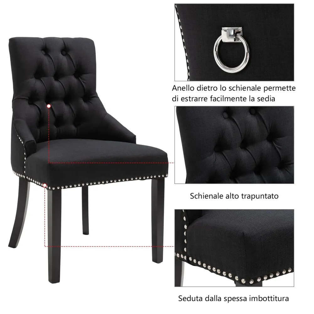 EASYCOMFORT Sedia da Pranzo Elegante Imbottita Rivestimento Lino con Bottoni Trapuntati Nero