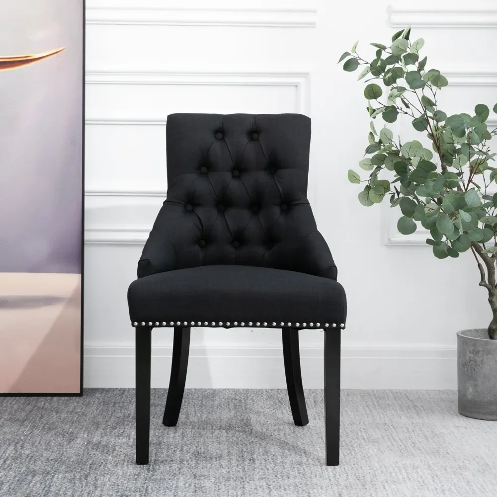 EASYCOMFORT Sedia da Pranzo Elegante Imbottita Rivestimento Lino con Bottoni Trapuntati Nero