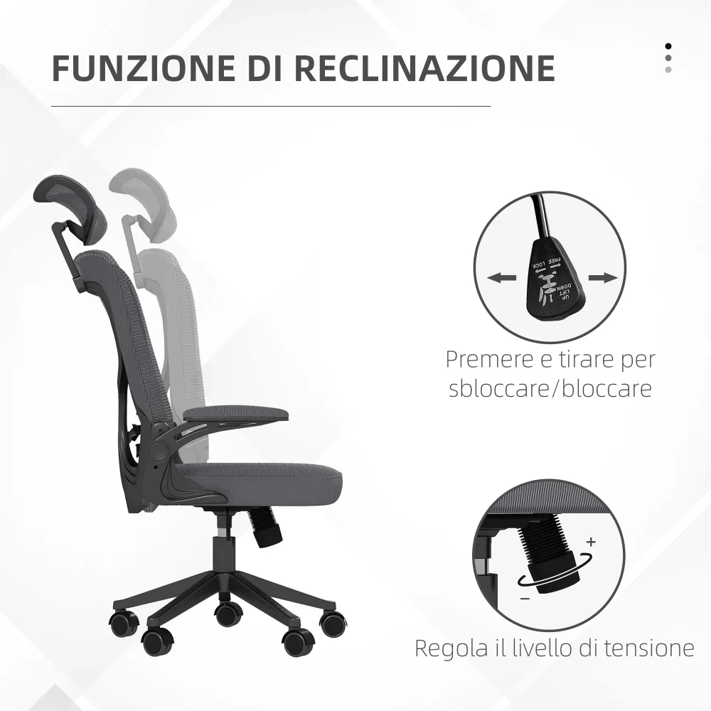 Easycomfort Sedia da Ufficio ad Altezza Regolabile con Poggiatesta, Supporto Lombare e Braccioli, 65x64x120-130 cm