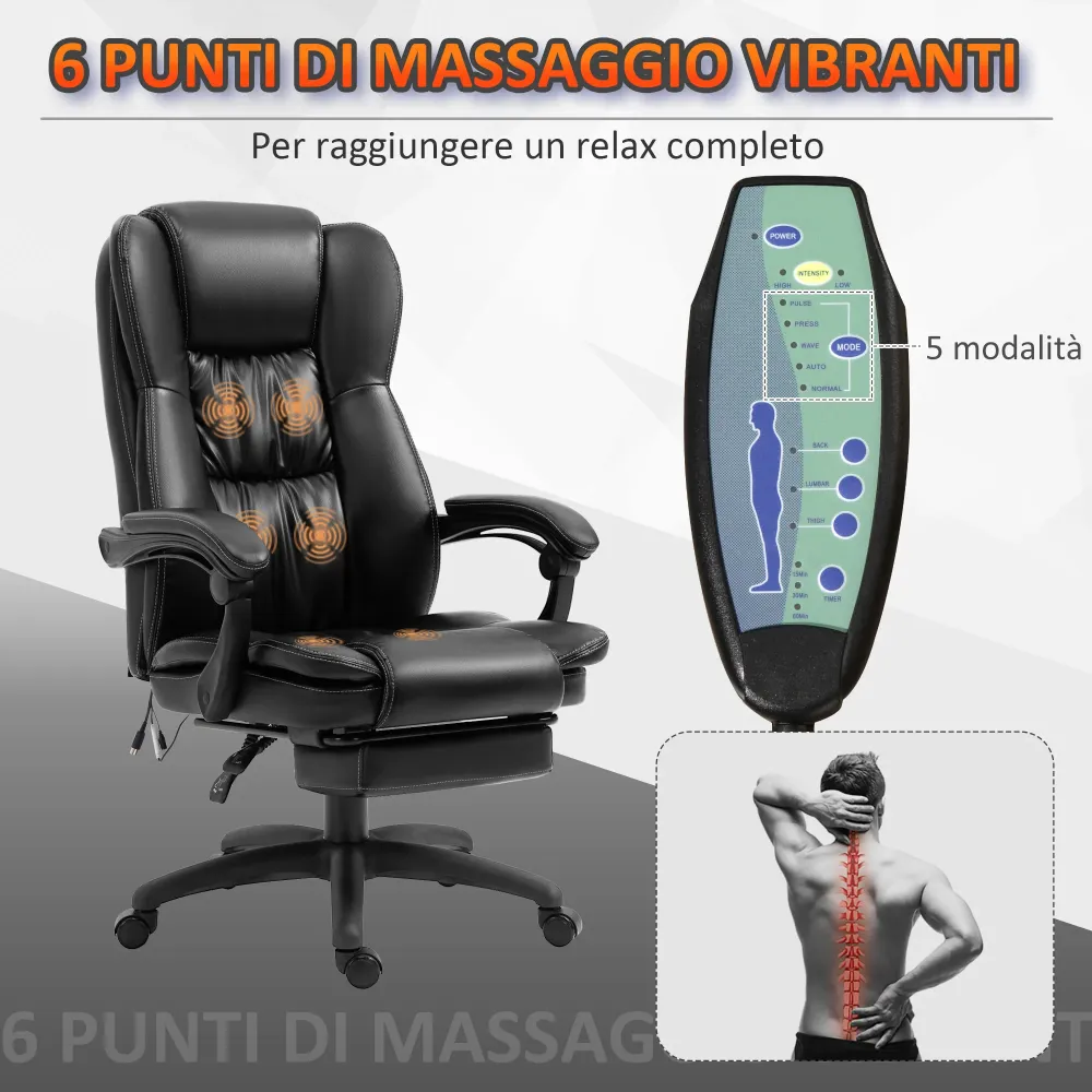 EasyComfort Sedia da Ufficio ad Altezza Regolabile con 6 Punti Massaggianti, Finta Pelle, 68.5x68.5x113-121 cm, Nera