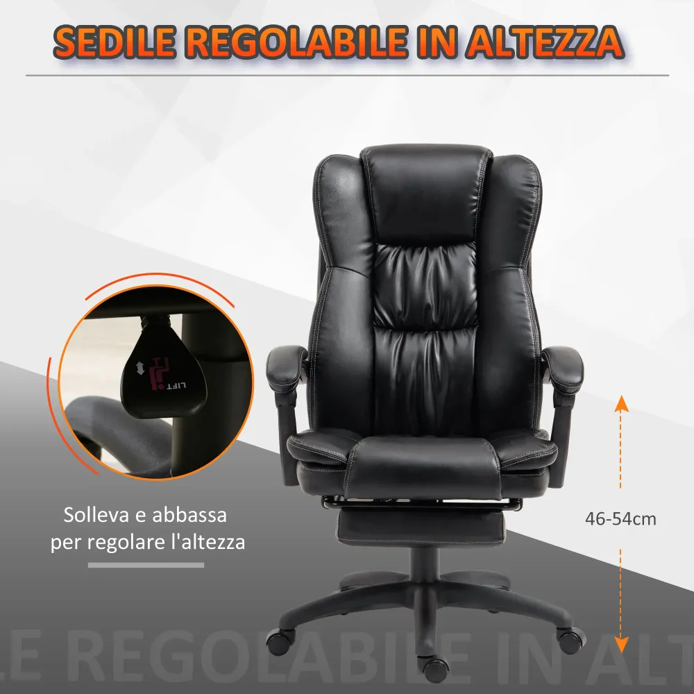 EasyComfort Sedia da Ufficio ad Altezza Regolabile con 6 Punti Massaggianti, Finta Pelle, 68.5x68.5x113-121 cm, Nera