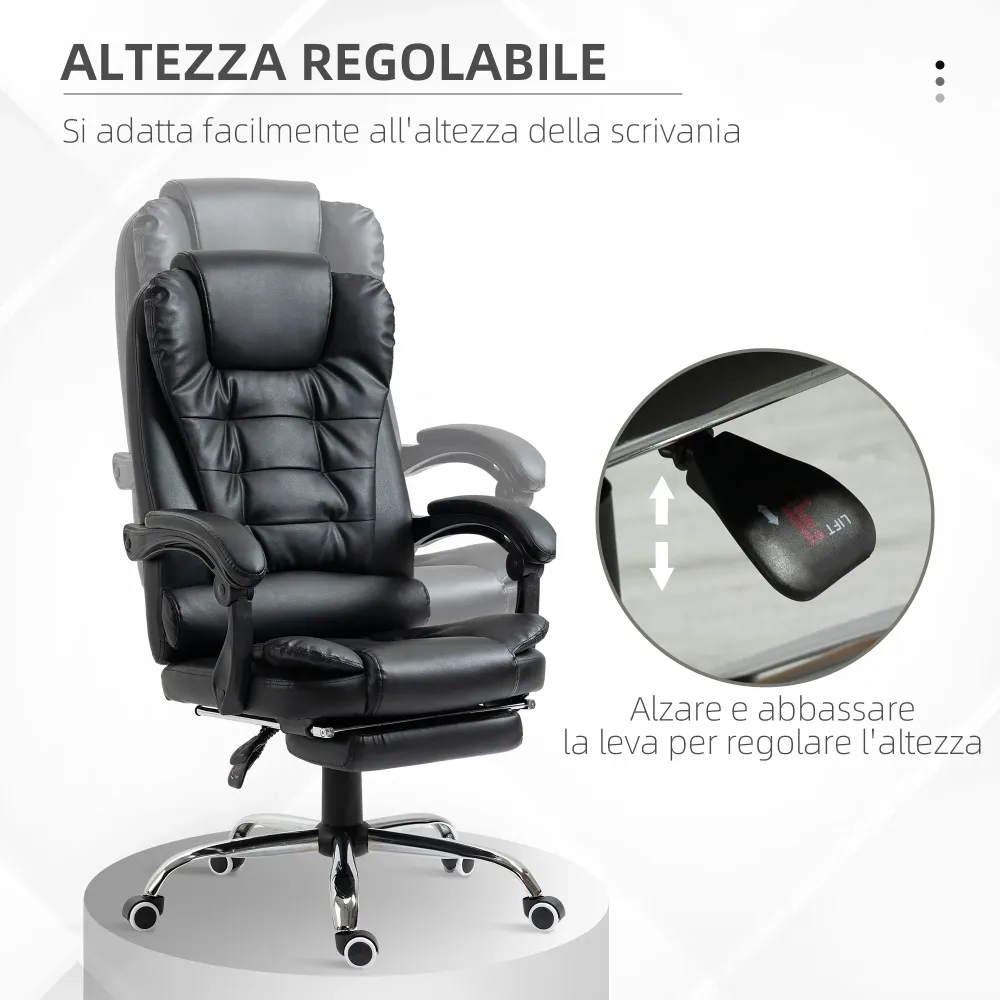 Easycomfort Sedia da Ufficio ad Altezza Regolabile con Schienale Reclinabile e Poggiapiedi, 64.5x69x109-117 cm, Nero
