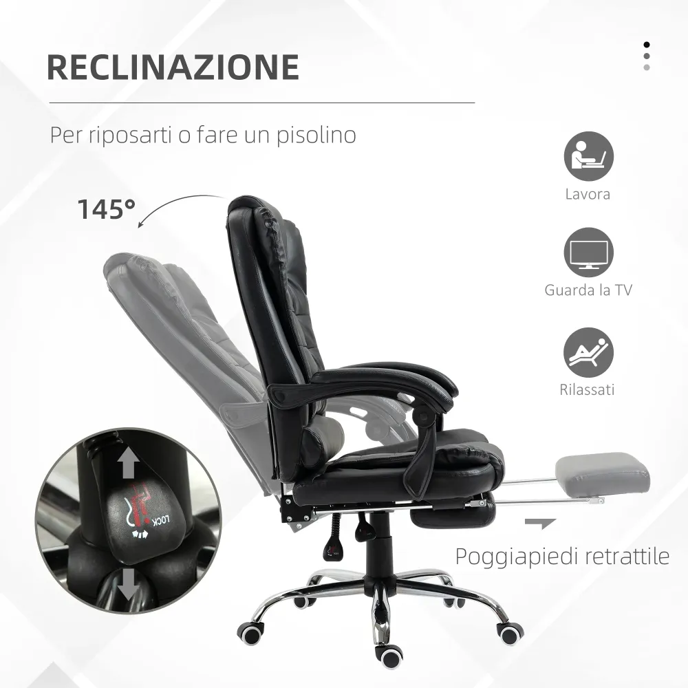 Easycomfort Sedia da Ufficio ad Altezza Regolabile con Schienale Reclinabile e Poggiapiedi, 64.5x69x109-117 cm, Nero
