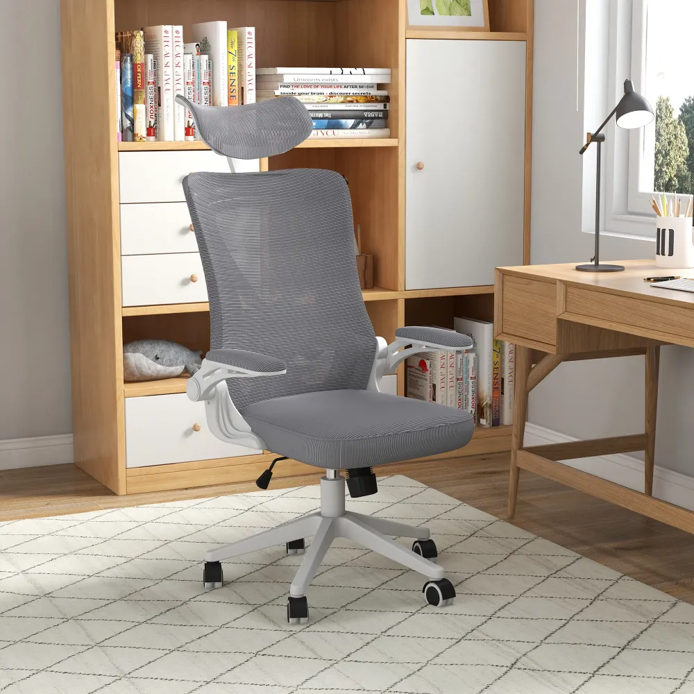 Easycomfort Sedia da Ufficio ad Altezza Regolabile con Supporto Lombare e Braccioli Ribaltabili, 65x64x120-130 cm
