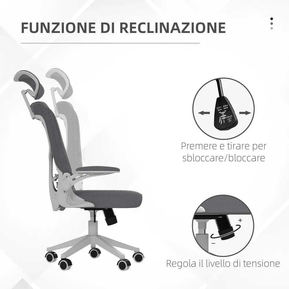 Easycomfort Sedia da Ufficio ad Altezza Regolabile con Supporto Lombare e Braccioli Ribaltabili, 65x64x120-130 cm