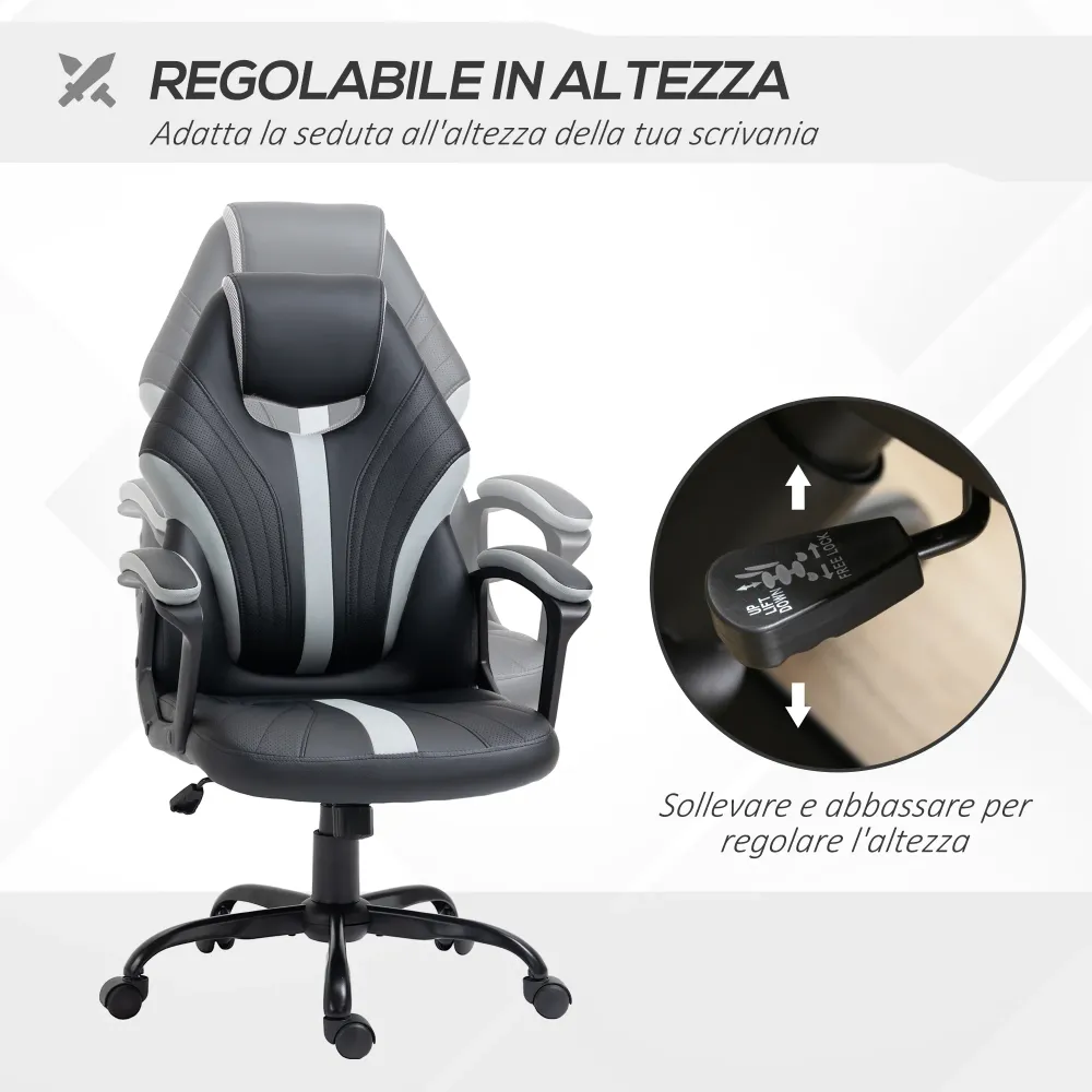 EASYCOMFORT Sedia da Ufficio con Altezza Regolabile e Dondolo, 63x70x104-112cm, Finta Pelle PU Nero e Grigio