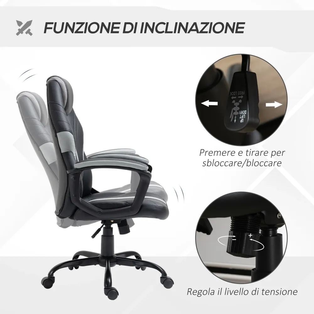 EASYCOMFORT Sedia da Ufficio con Altezza Regolabile e Dondolo, 63x70x104-112cm, Finta Pelle PU Nero e Grigio