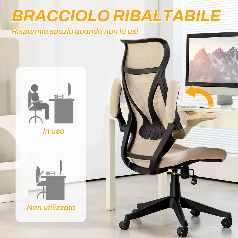EasyComfort Sedia da Ufficio con Braccioli Ribaltabili, Altezza Regolabile e Schienale Inclinabile, Beige