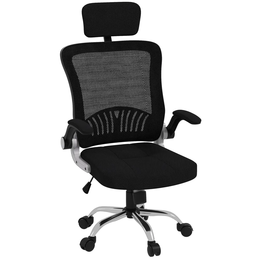 Easycomfort Sedia da Ufficio con Poggiatesta e Altezza Regolabili, Tessuto Rete e Braccioli Ribaltabili, Nero