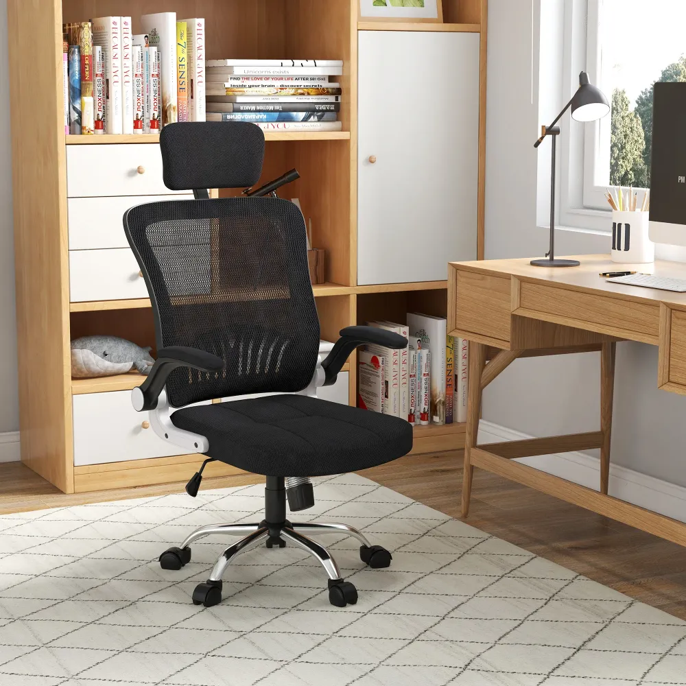Easycomfort Sedia da Ufficio con Poggiatesta e Altezza Regolabili, Tessuto Rete e Braccioli Ribaltabili, Nero