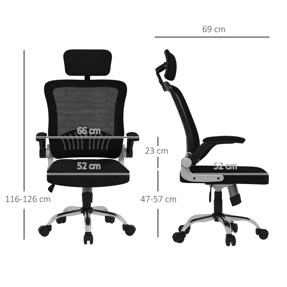 Easycomfort Sedia da Ufficio con Poggiatesta e Altezza Regolabili, Tessuto Rete e Braccioli Ribaltabili, Nero