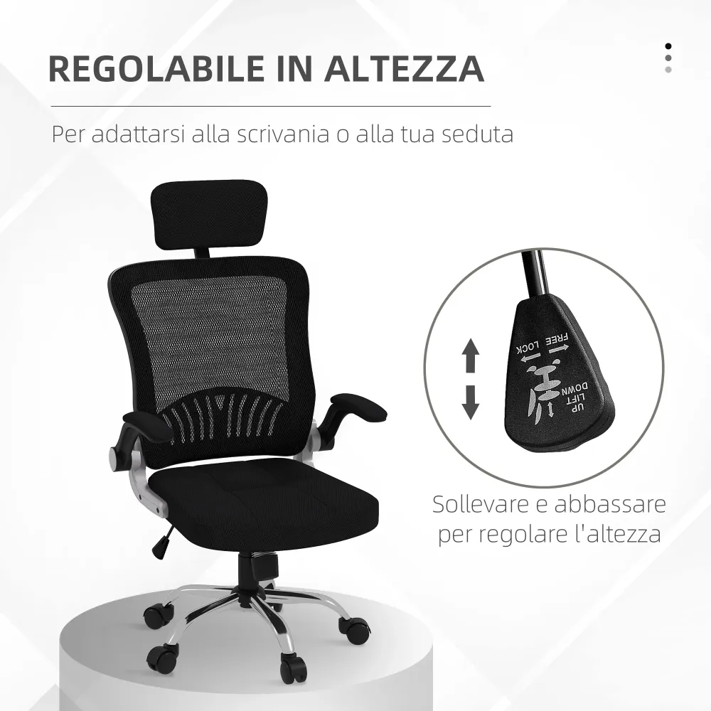 Easycomfort Sedia da Ufficio con Poggiatesta e Altezza Regolabili, Tessuto Rete e Braccioli Ribaltabili, Nero