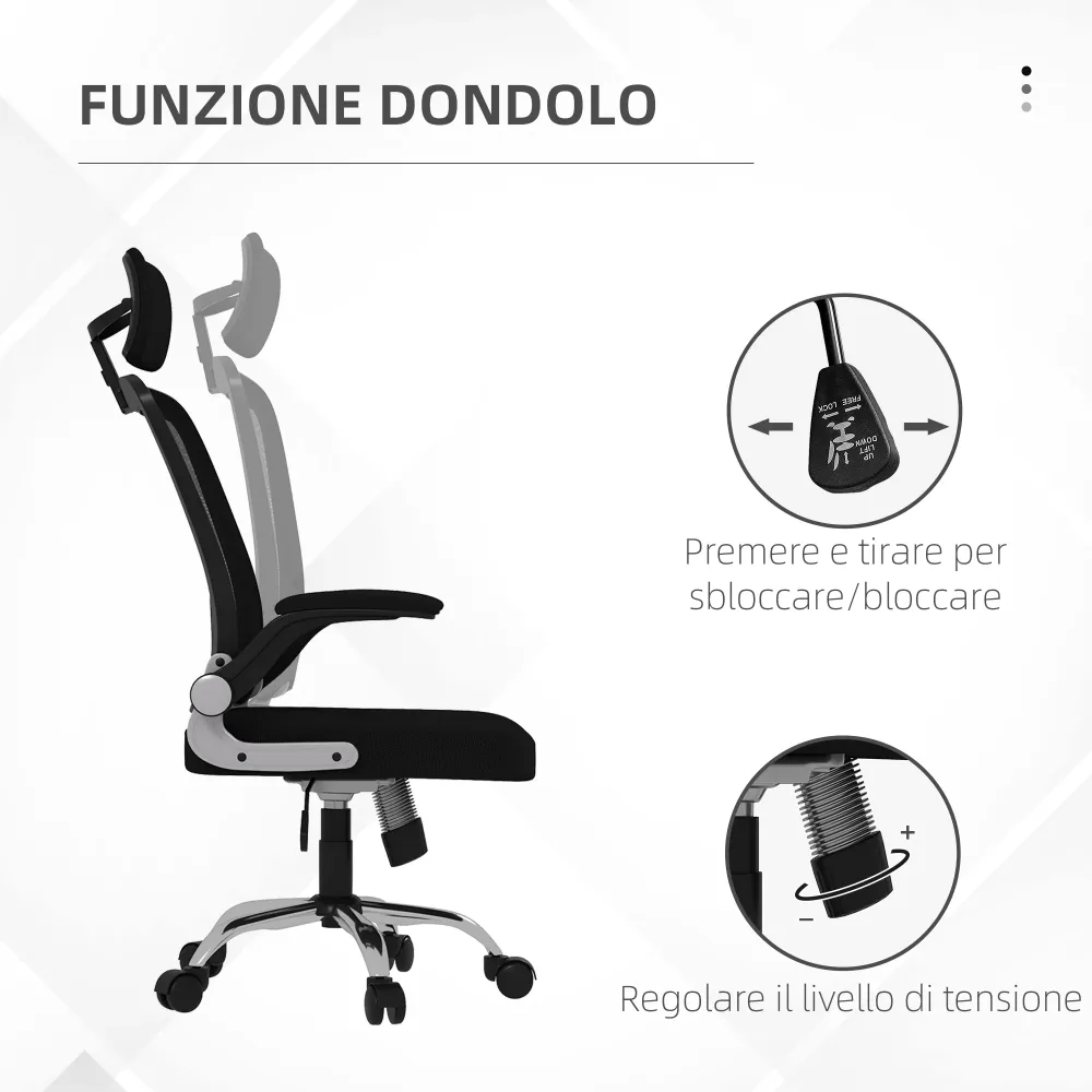 Easycomfort Sedia da Ufficio con Poggiatesta e Altezza Regolabili, Tessuto Rete e Braccioli Ribaltabili, Nero