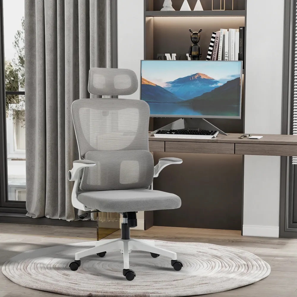 Easycomfort Sedia da Ufficio Ergonomica ad Altezza Regolabile con Poggiapiedi e Poggiatesta, 60x59x114-122 cm, Grigio