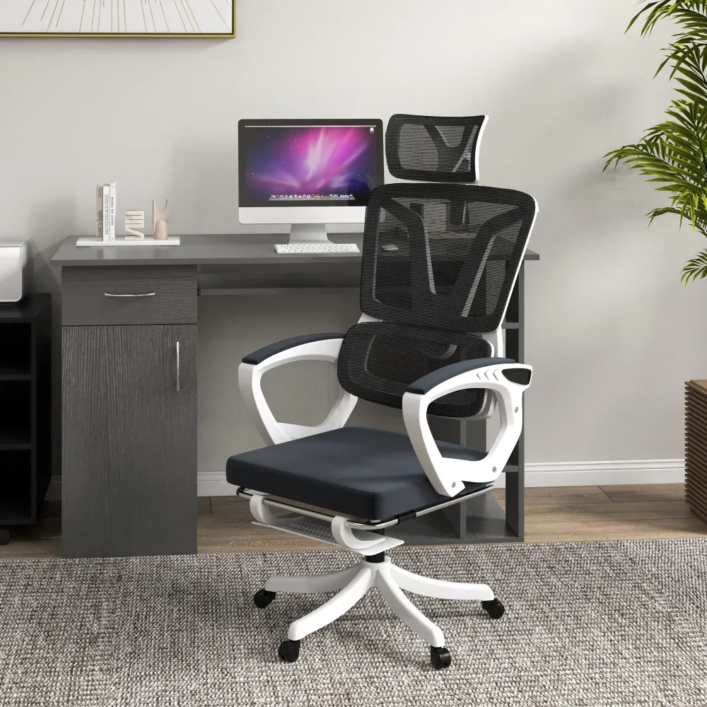 Easycomfort Sedia da Ufficio Ergonomica ad Altezza Regolabile con Poggiapiedi e Poggiatesta, 66x58x110-118 cm, Nero