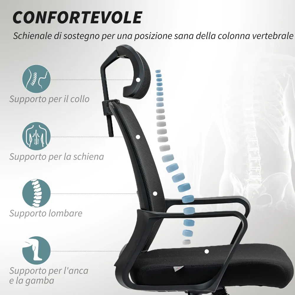 EasyComfort Sedia da Ufficio Ergonomica con Poggiatesta e Altezza Regolabili, Funzione Dondolo e Ruote, Nero