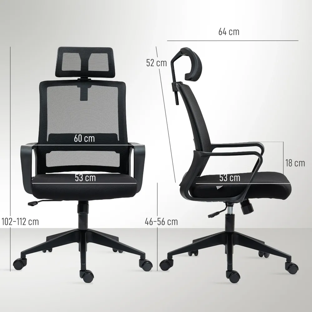 EasyComfort Sedia da Ufficio Ergonomica con Poggiatesta e Altezza Regolabili, Funzione Dondolo e Ruote, Nero