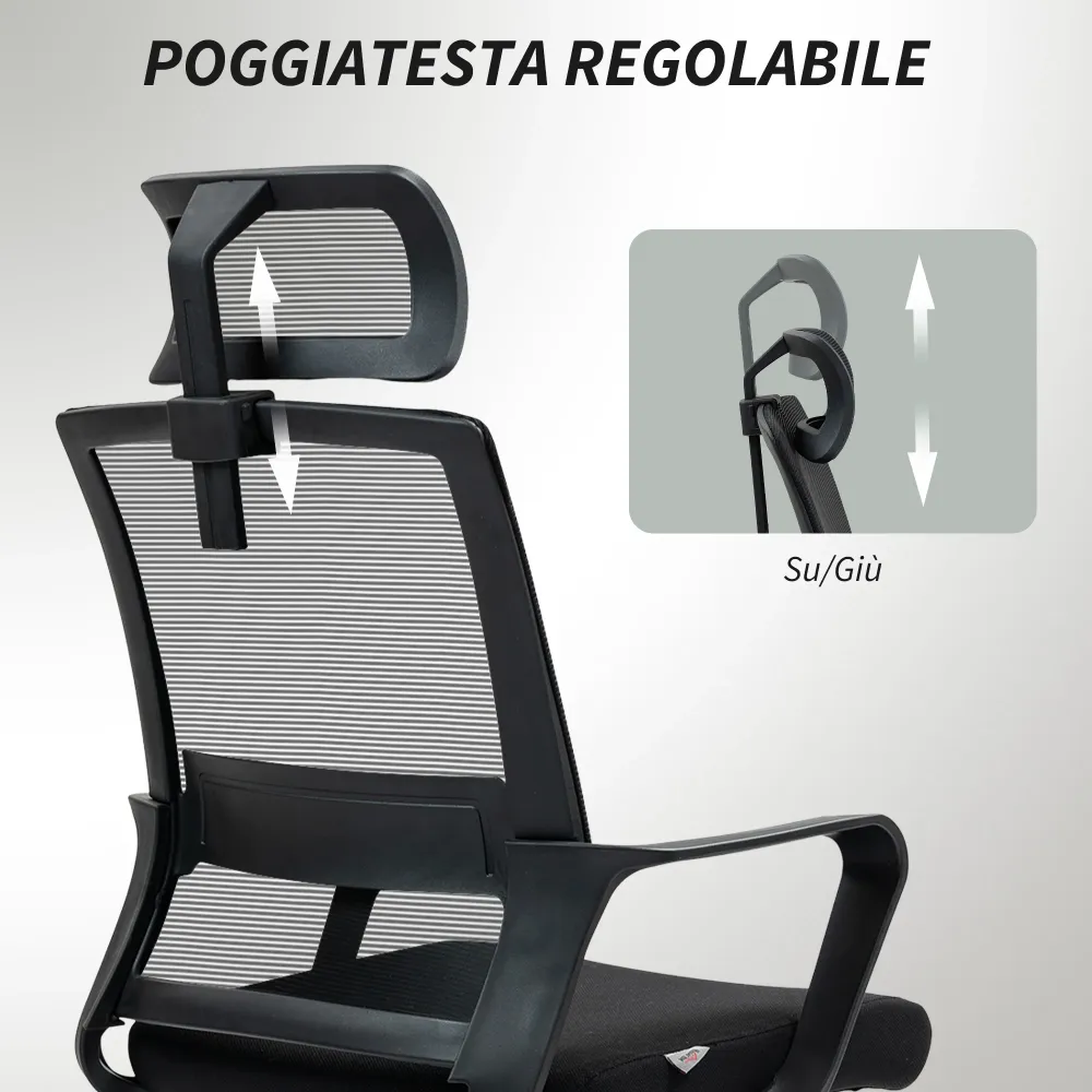 EasyComfort Sedia da Ufficio Ergonomica con Poggiatesta e Altezza Regolabili, Funzione Dondolo e Ruote, Nero