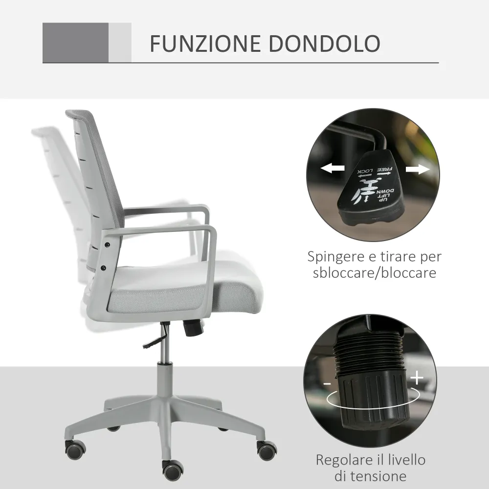 Easycomfort Sedia da Ufficio Ergonomica Girevole con Altezza Regolabile, Ruote e Braccioli, 59x61x95.5-105cm Grigio
