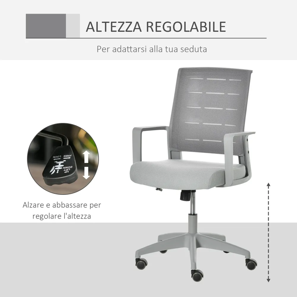 Easycomfort Sedia da Ufficio Ergonomica Girevole con Altezza Regolabile, Ruote e Braccioli, 59x61x95.5-105cm Grigio
