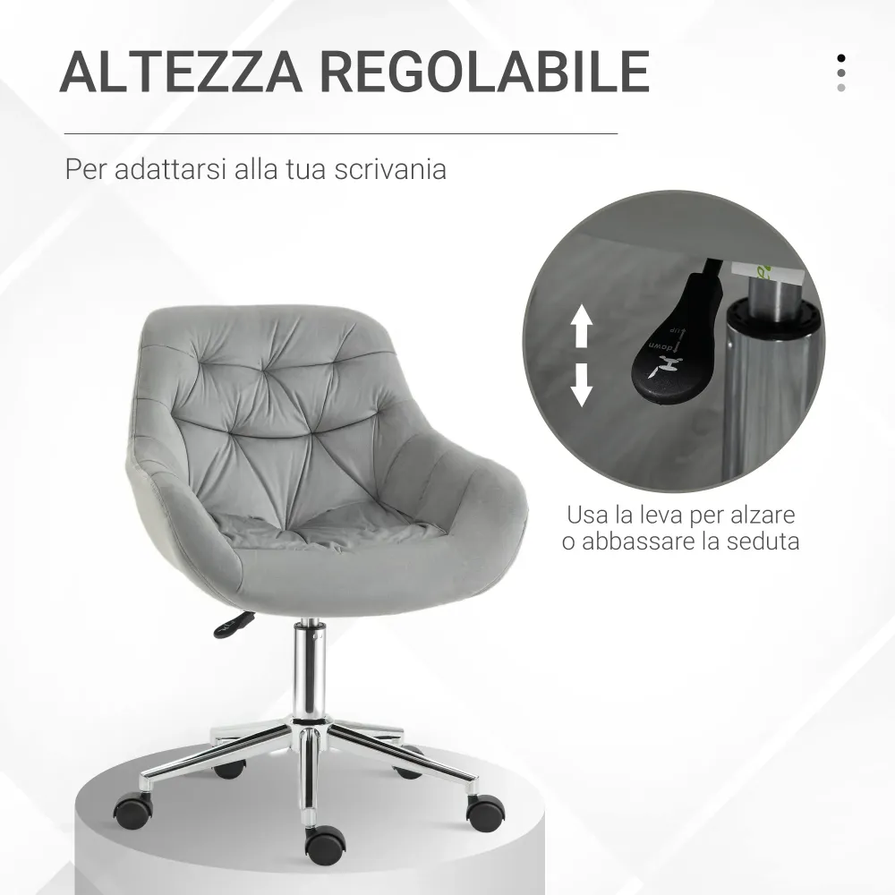 Easycomfort Sedia da Ufficio Ergonomica Girevole con Altezza Regolabile e Ruote, Rivestimento Velluto, 59x58x80-90cm, Grigio