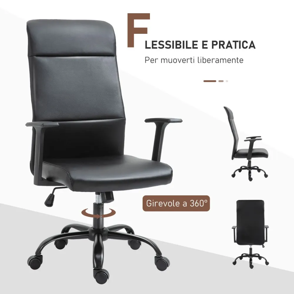 EASYCOMFORT Sedia da ufficio Ergonomica e Girevole Similpelle Nera 61x61x109-115cm