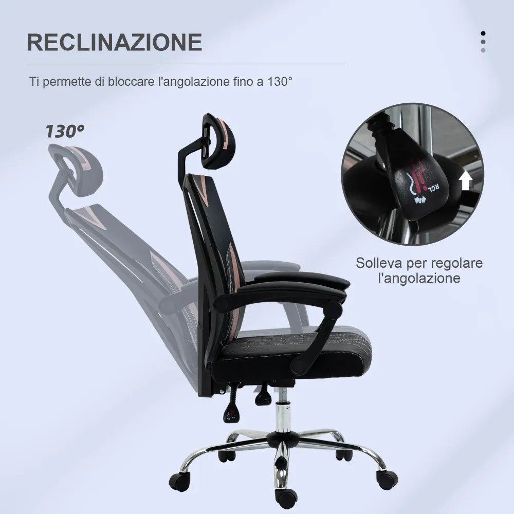 Easycomfort Sedia da Ufficio Ergonomica Inclinabile 130° con Supporto Lombare e Cervicale, 58x62.5x112-120cm