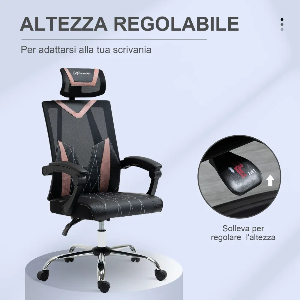 Easycomfort Sedia da Ufficio Ergonomica Inclinabile 130° con Supporto Lombare e Cervicale, 58x62.5x112-120cm