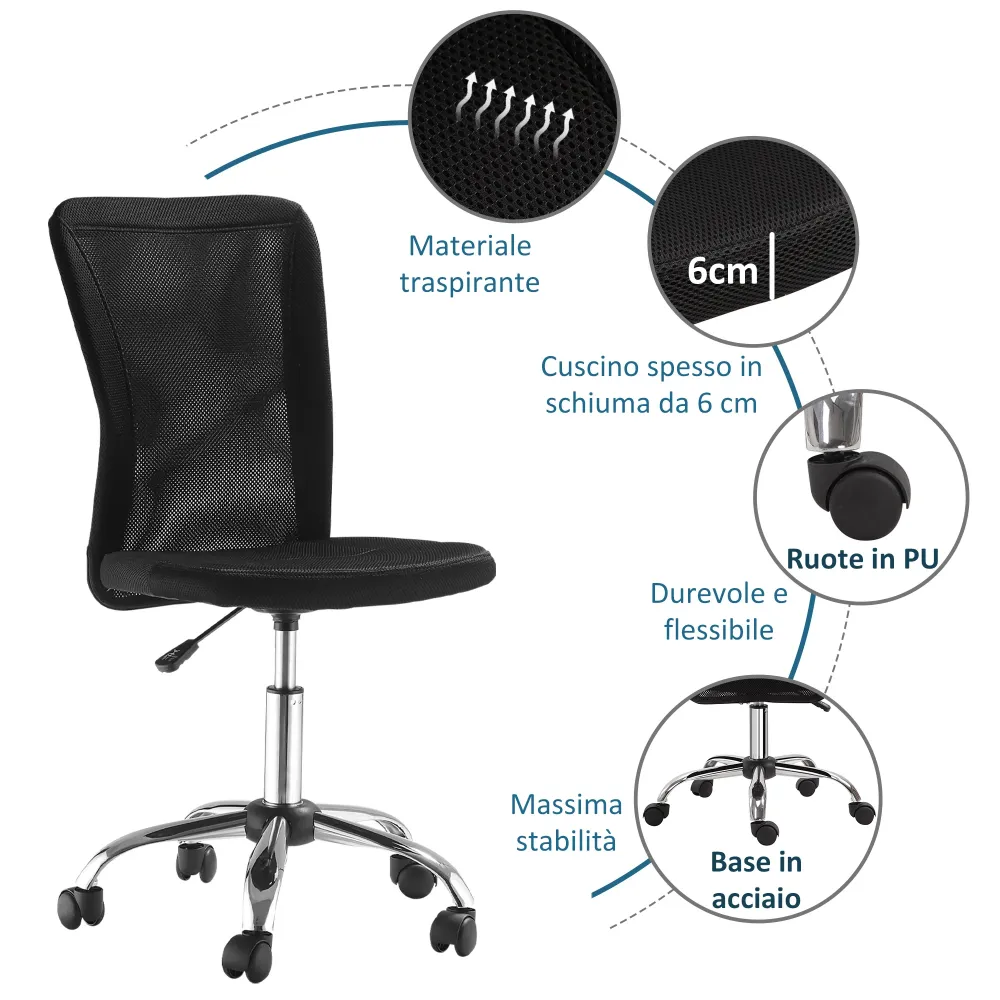 Easycomfort Sedia da Ufficio Ergonomica Senza Braccioli, Tessuto Traspirante Rete, Altezza Regolabile e 5 Ruote, 43x58x90-...