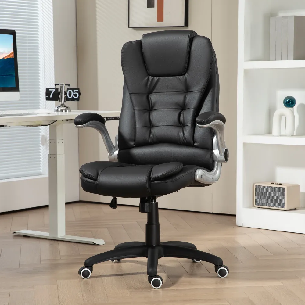 EasyComfort Sedia da Ufficio Finta Pelle PU con Braccioli Ribaltabili, Schienale Alto e Dondolo, Nero