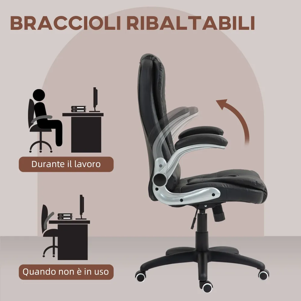 EasyComfort Sedia da Ufficio Finta Pelle PU con Braccioli Ribaltabili, Schienale Alto e Dondolo, Nero
