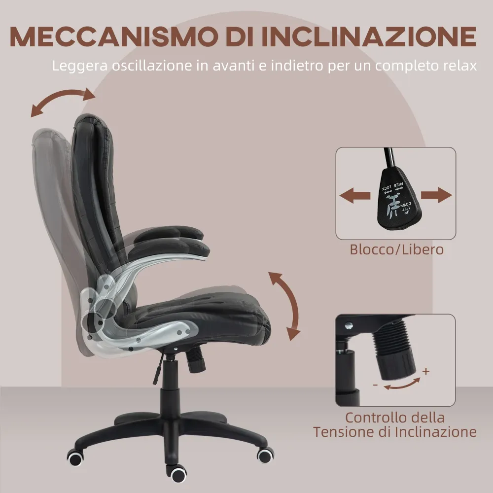 EasyComfort Sedia da Ufficio Finta Pelle PU con Braccioli Ribaltabili, Schienale Alto e Dondolo, Nero