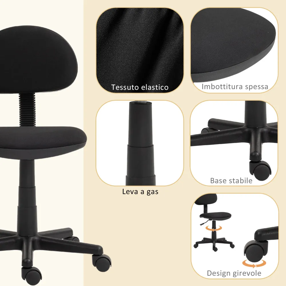 EasyComfort Sedia da Ufficio Girevole ad Altezza Regolabile, Tessuto Elastico, Spugna e Acciaio, 43x51x73-85 cm, Nero
