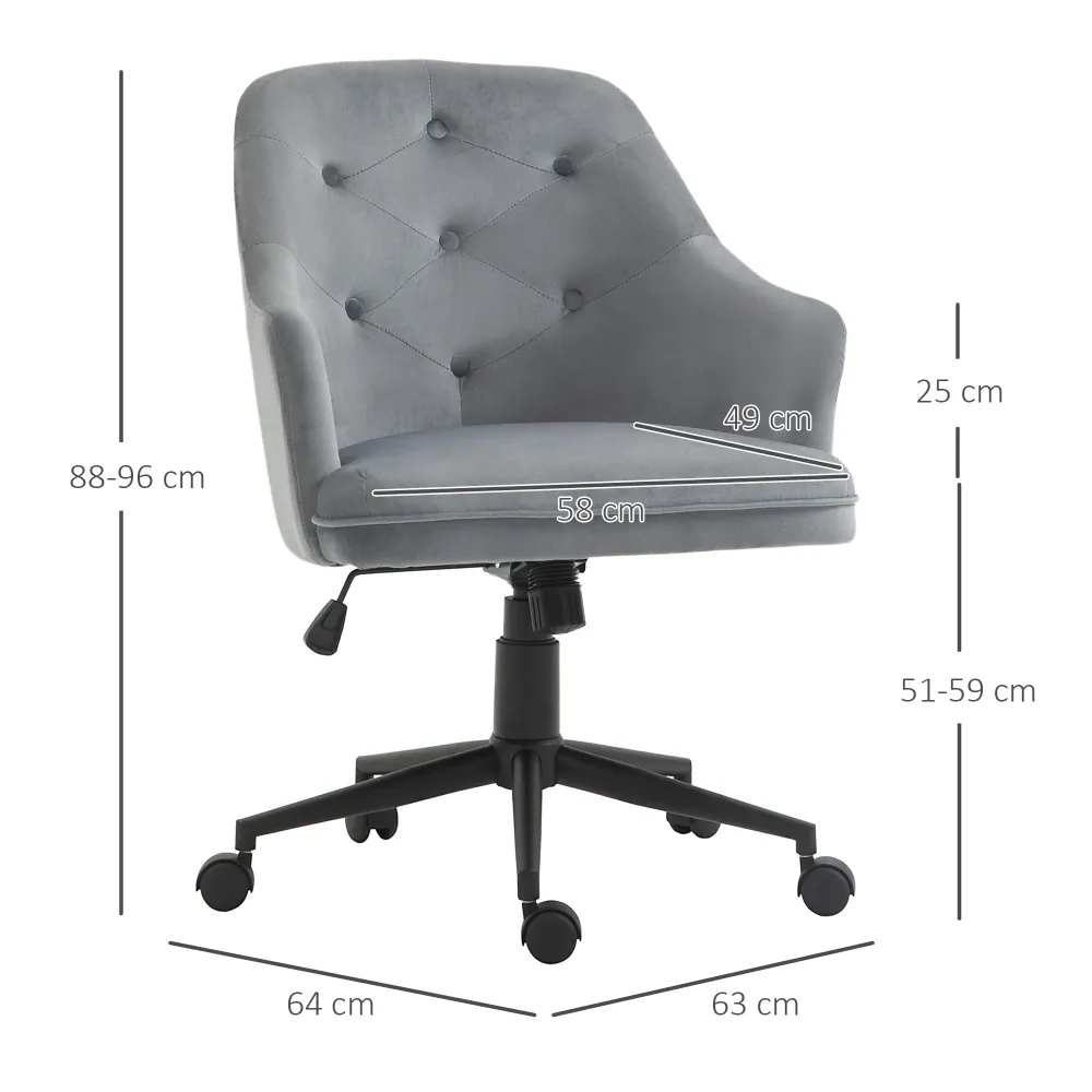 Easycomfort Sedia da Ufficio Girevole Ergonomica con Ruote e Altezza Regolabile, Rivestimento Velluto, 63x64x88-96cm, Grigio