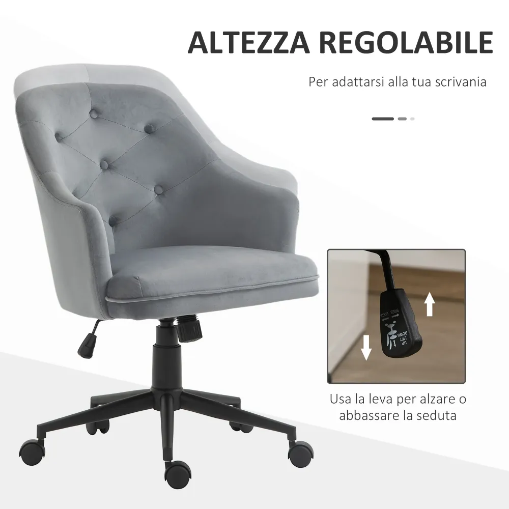 Easycomfort Sedia da Ufficio Girevole Ergonomica con Ruote e Altezza Regolabile, Rivestimento Velluto, 63x64x88-96cm, Grigio