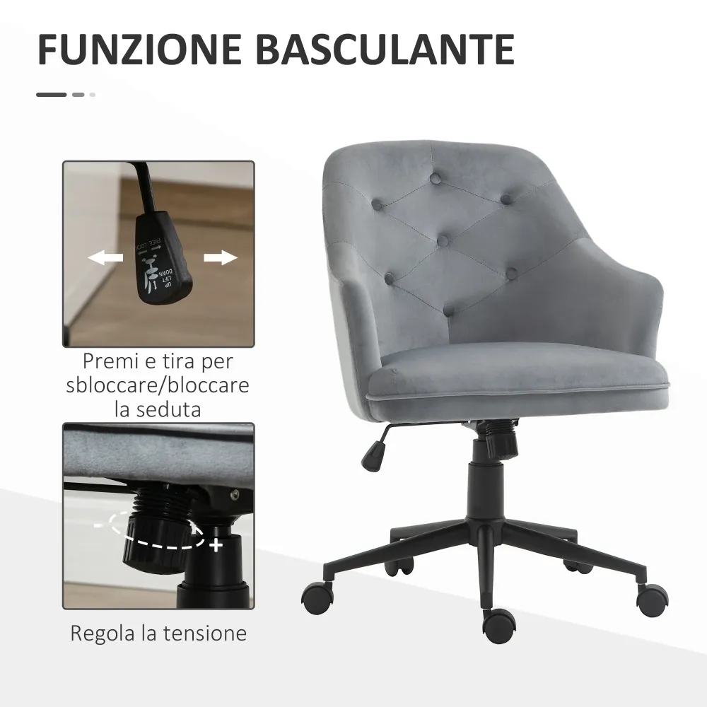 Easycomfort Sedia da Ufficio Girevole Ergonomica con Ruote e Altezza Regolabile, Rivestimento Velluto, 63x64x88-96cm, Grigio