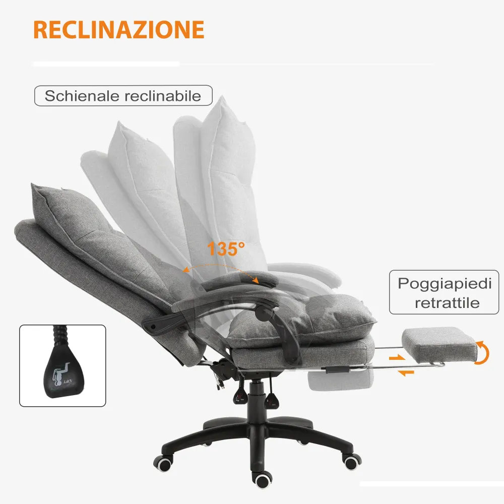 Easycomfort Sedia da Ufficio Imbottita con 6 Punti Massaggianti, Altezza Regolabile e Rotelle, 70x62x120-130 cm, Grigio