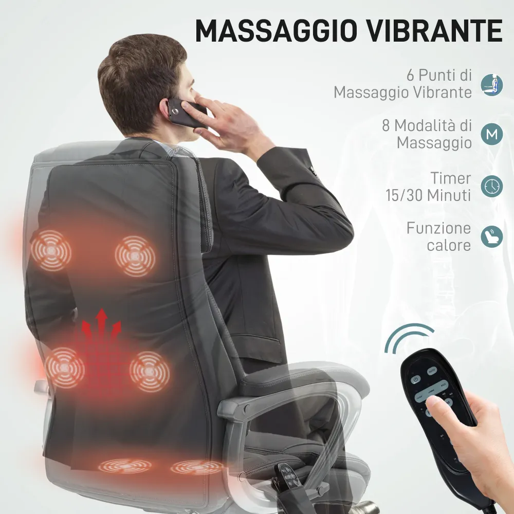 EasyComfort Sedia da Ufficio Massaggiante 6 Punti e Inclinabile, pelle PU e Acciaio, 66x72x113-121 cm, Grigio Carbone