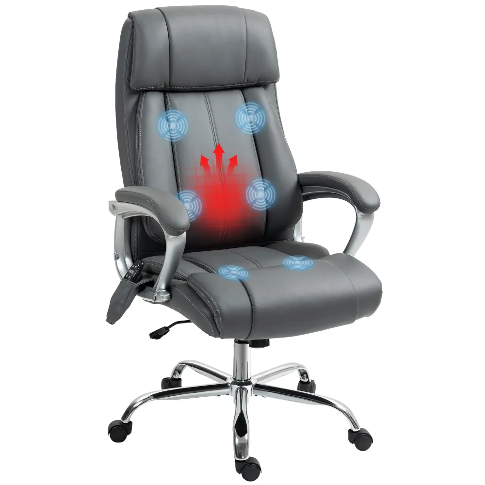 EasyComfort Sedia da Ufficio Massaggiante 6 Punti e Inclinabile, pelle PU e Acciaio, 66x72x113-121 cm, Grigio Carbone