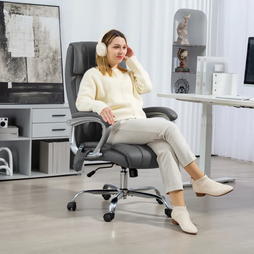 EasyComfort Sedia da Ufficio Massaggiante 6 Punti e Inclinabile, pelle PU e Acciaio, 66x72x113-121 cm, Grigio Carbone
