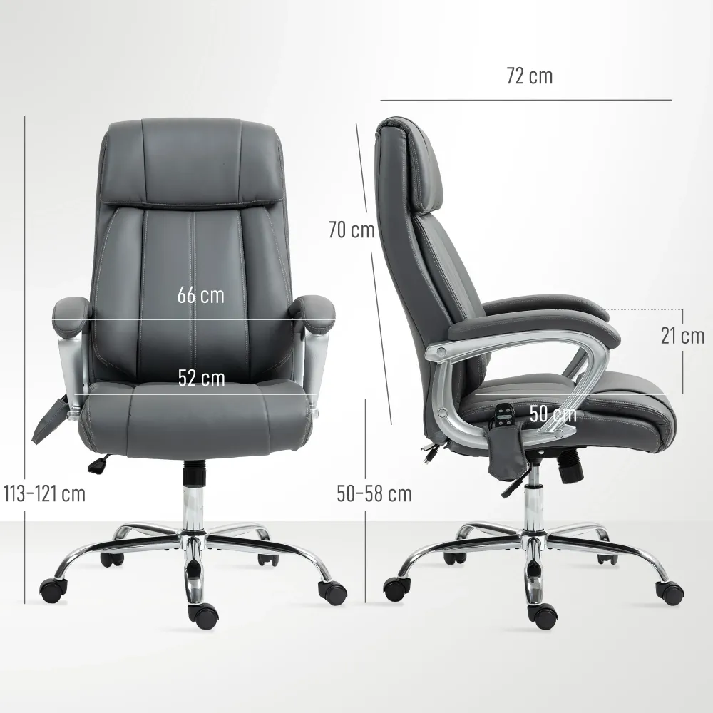 EasyComfort Sedia da Ufficio Massaggiante 6 Punti e Inclinabile, pelle PU e Acciaio, 66x72x113-121 cm, Grigio Carbone