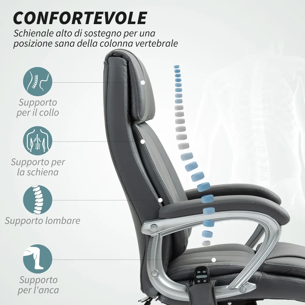 EasyComfort Sedia da Ufficio Massaggiante 6 Punti e Inclinabile, pelle PU e Acciaio, 66x72x113-121 cm, Grigio Carbone