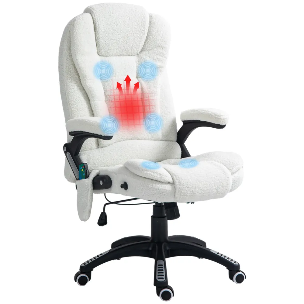 EasyComfort Sedia da Ufficio Massaggiante e Regolabile con Telecomando, Tessuto Teddy, 67x74x107-116 cm, Bianco