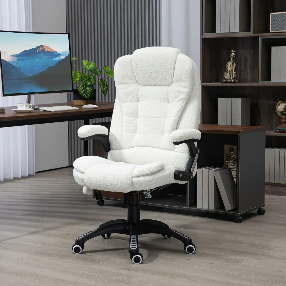 EasyComfort Sedia da Ufficio Massaggiante e Regolabile con Telecomando, Tessuto Teddy, 67x74x107-116 cm, Bianco